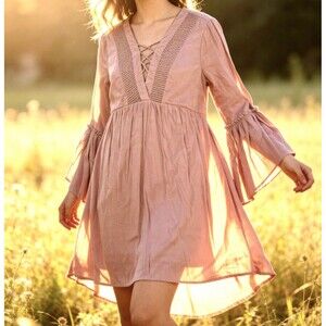 LIVE 4 TRUTH Babydoll Dress Dusty Rose Boho Bell Sleeves Criss Cross V Neck